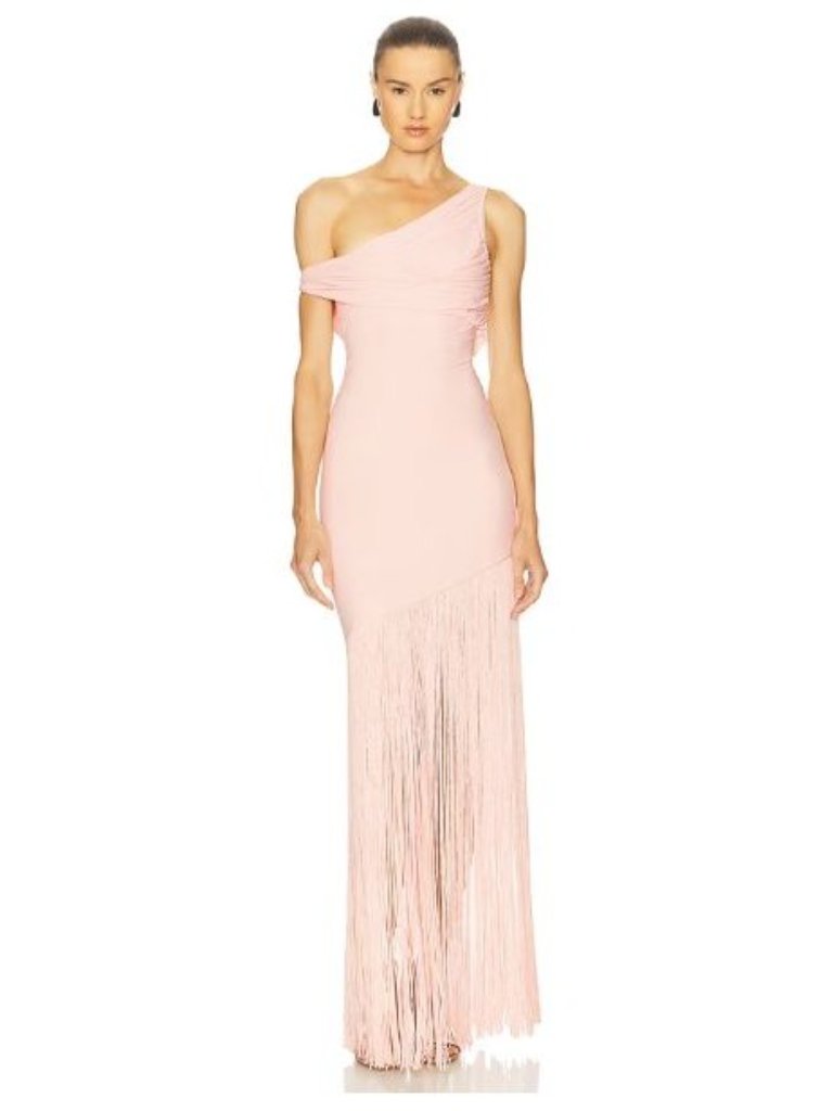 New Deme By Gabriella Praia Pink Fringe Off Shoulder Maxi Dress Jersey Small